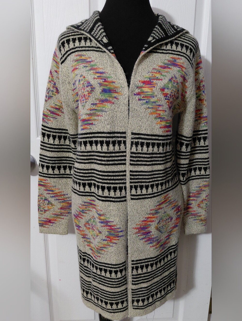 Cream Hooded Zip Cardigan with Multicolor Aztec Accents
